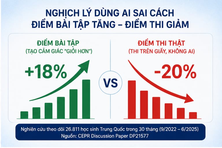 Biểu đồ: dùng AI sai cách khiến điểm bài tập tăng 18% nhưng điểm thi thật giảm 20%