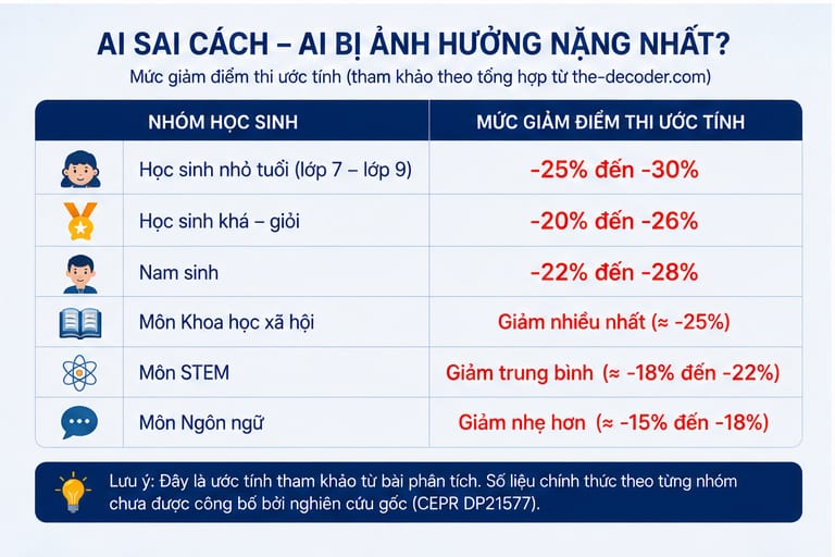 Bảng: nhóm học sinh bị ảnh hưởng nặng nhất khi dùng AI sai cách — nhỏ tuổi, khá-giỏi, nam sinh