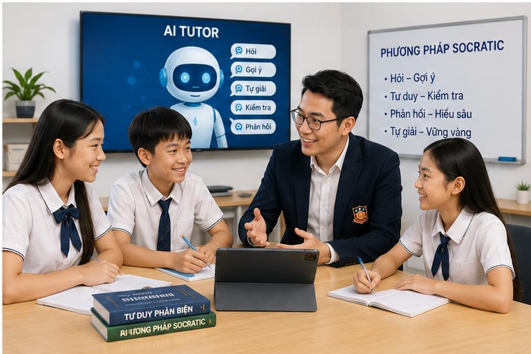 Học sinh thảo luận cùng AI tutor theo phương pháp Socratic: hỏi — gợi ý — tự giải — kiểm tra — phản hồi